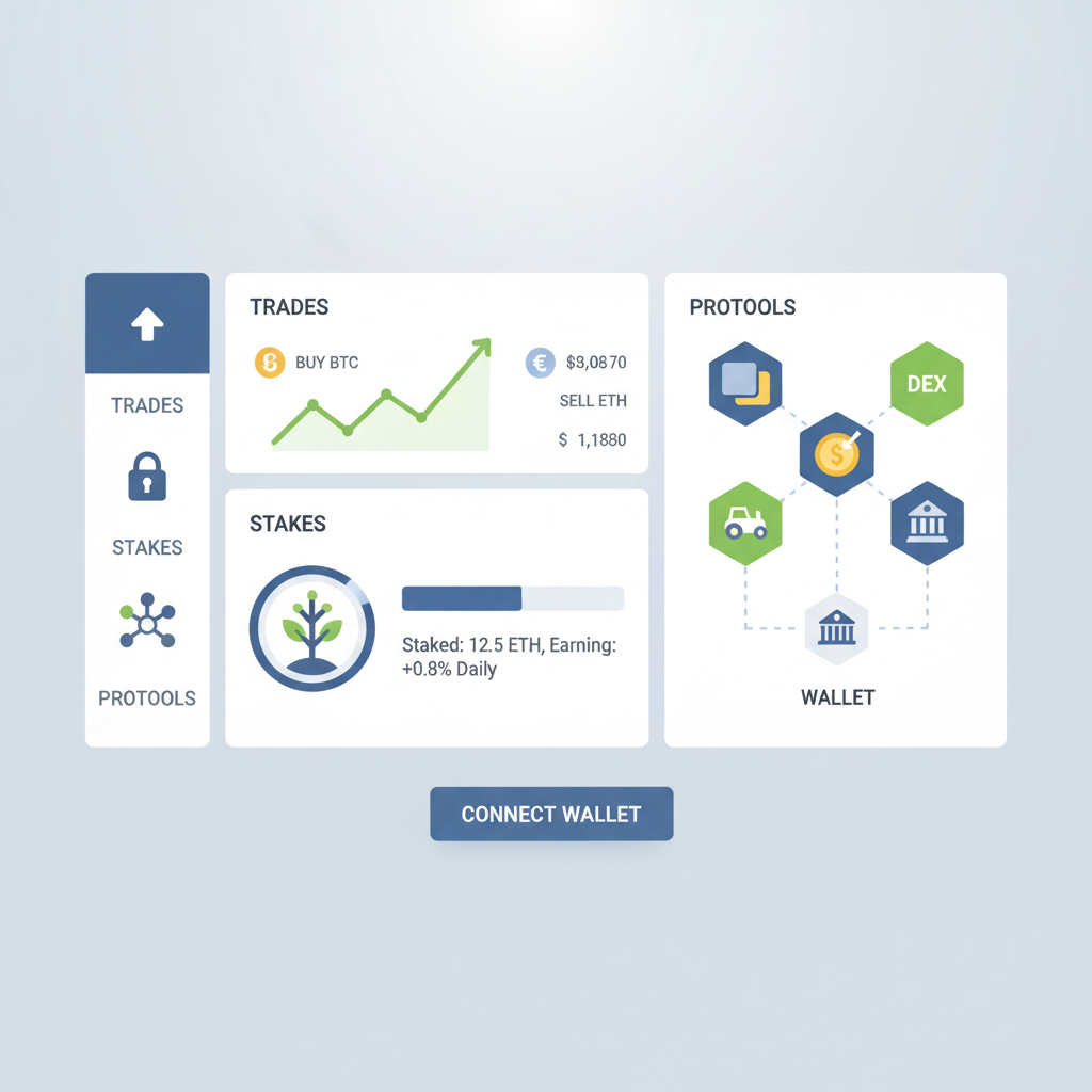diverse blockchain activities dashboard with trades stakes and protocols