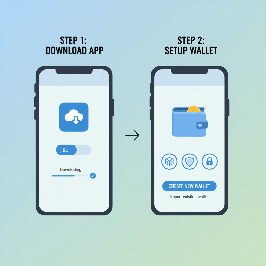 illustration of mobile app download and wallet setup screen with blockchain icons