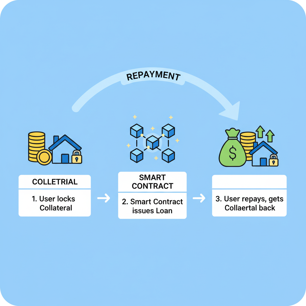 smart contract loan issuance with collateral icons and repayment arrow