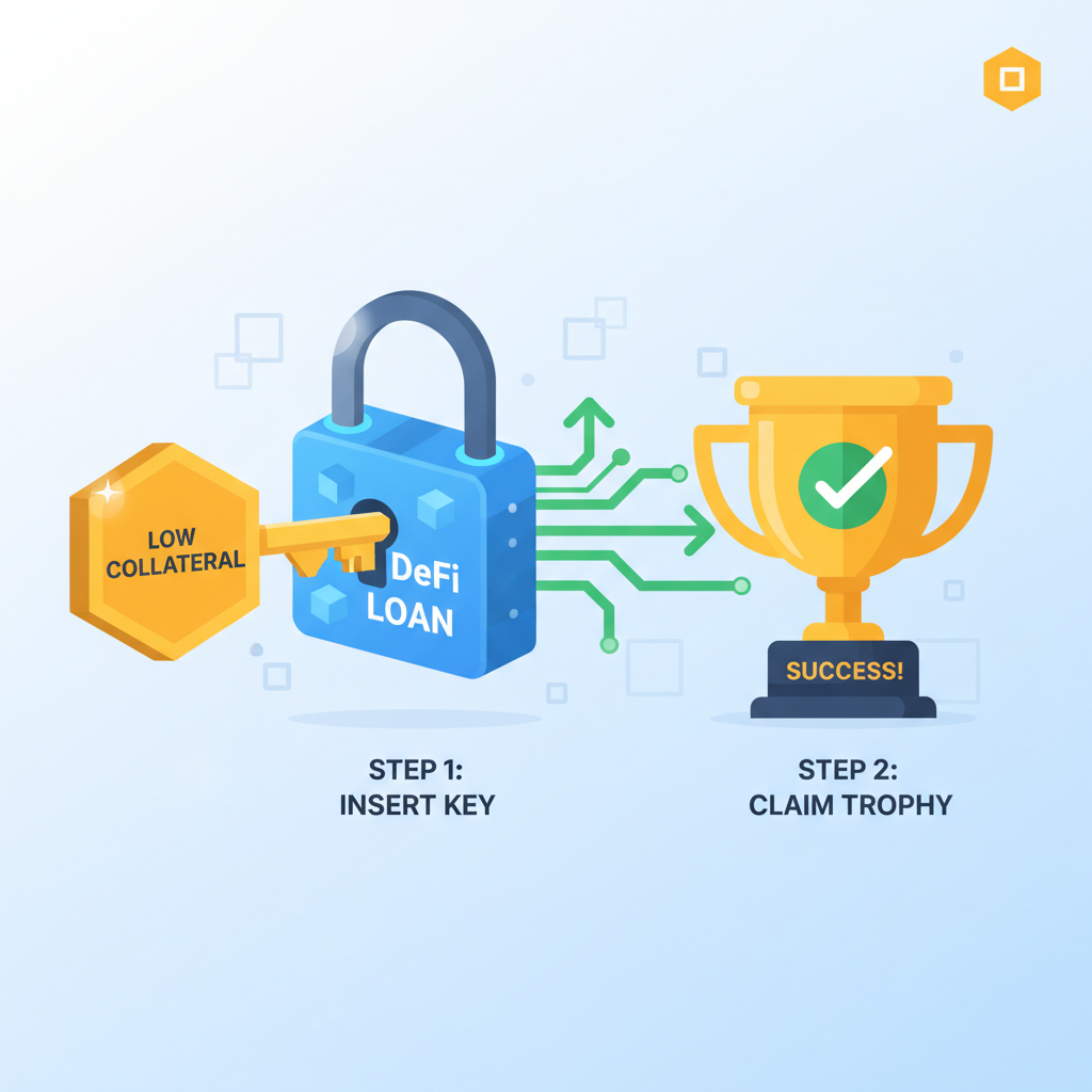 unlocking DeFi loan with low collateral key and success trophy