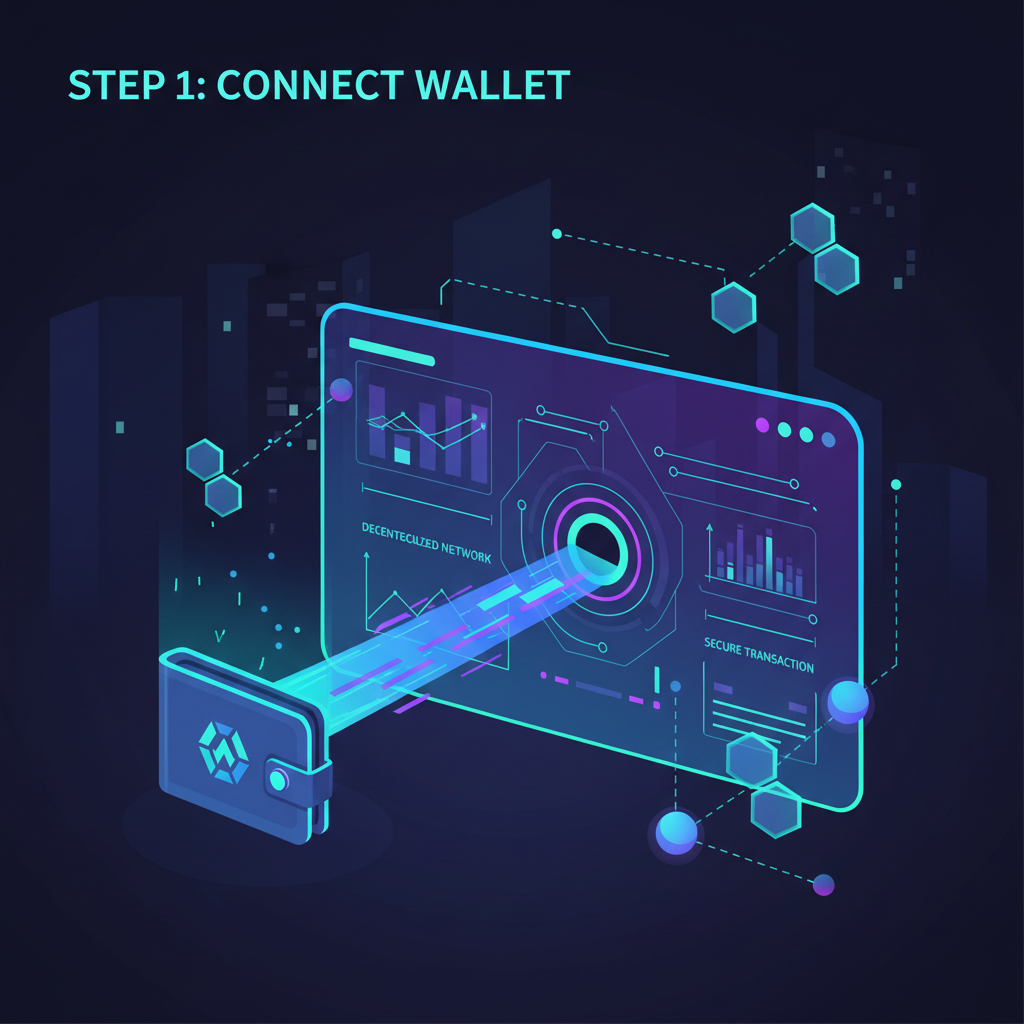 Crypto wallet connecting to futuristic dashboard interface, glowing blockchain nodes, cyberpunk style