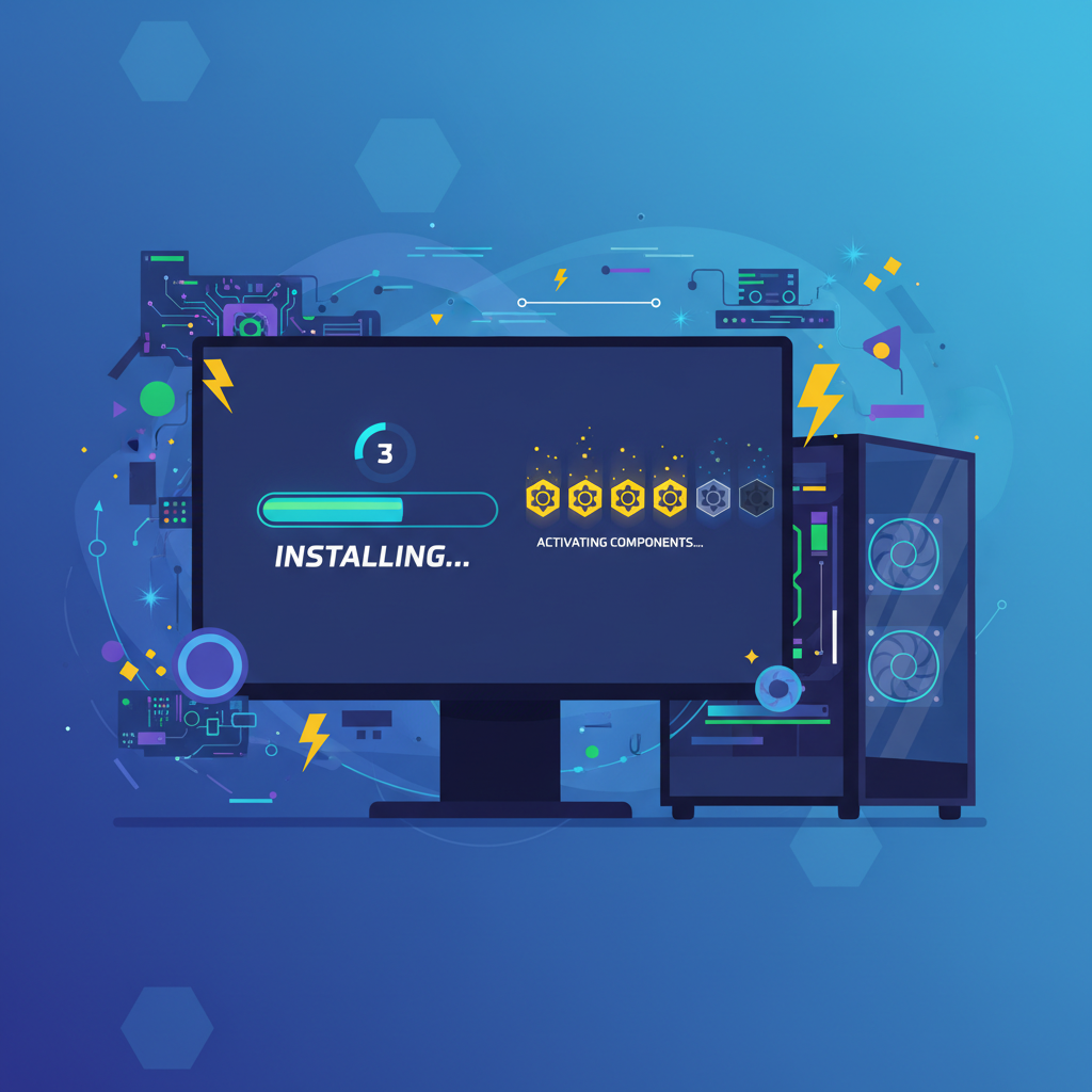 Installing software on PC with progress bar, GPU icons activating, high-energy tech installation scene
