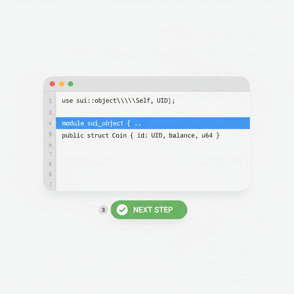 code editor with Move language Sui object module highlighted