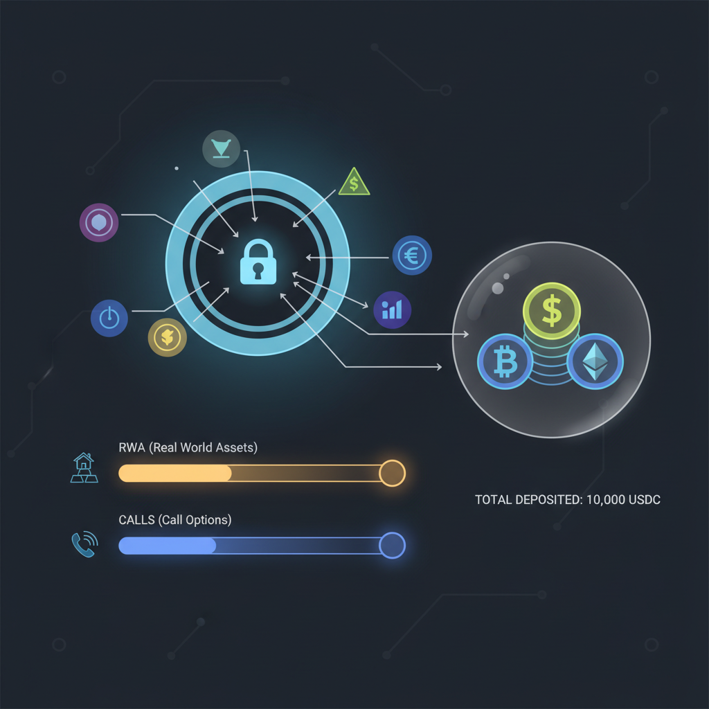 Depositing tokens into DeFi vault, allocation sliders for RWA and calls, glowing assets