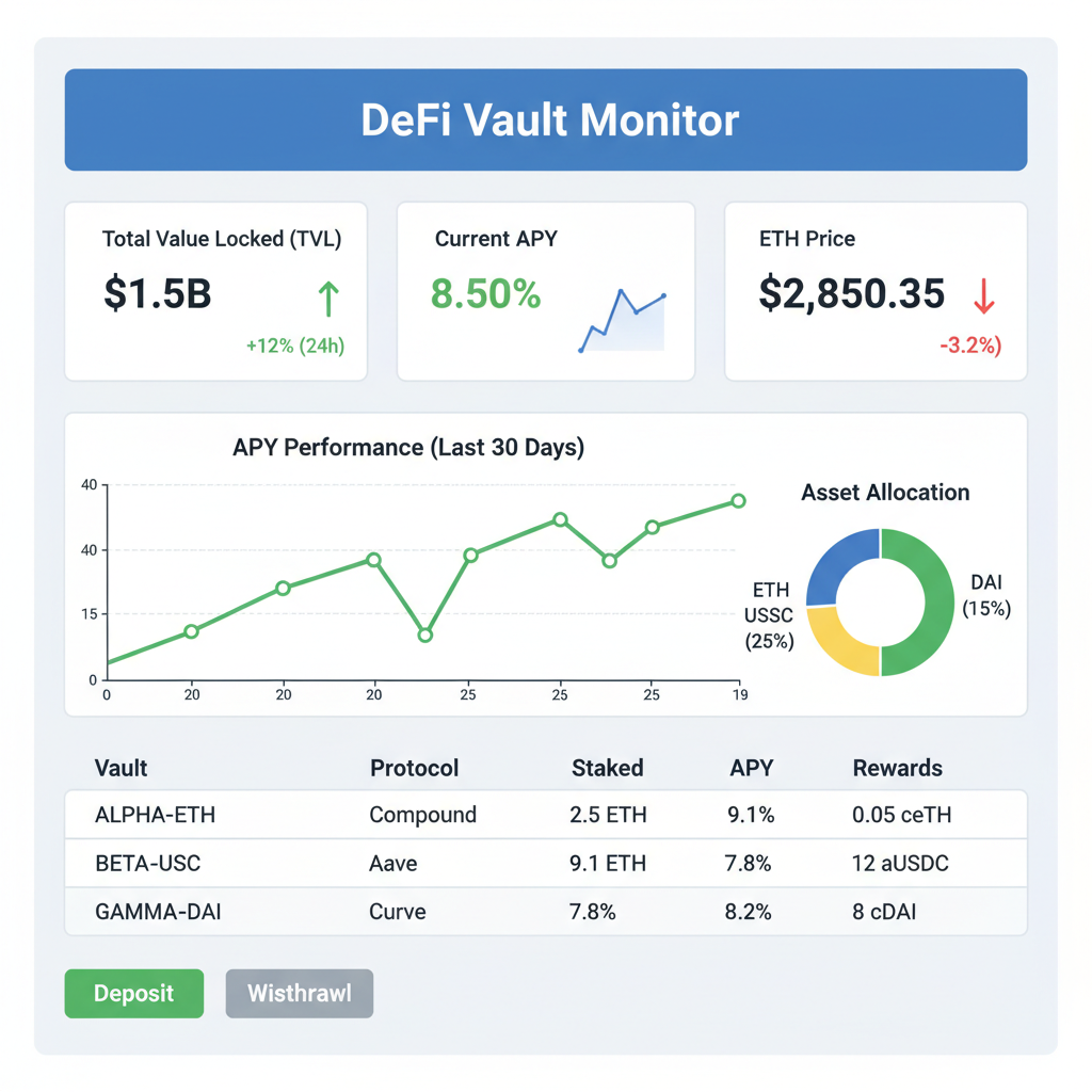 Monitoring DeFi vault dashboard with APY charts, ETH price ticker, analytical graphs