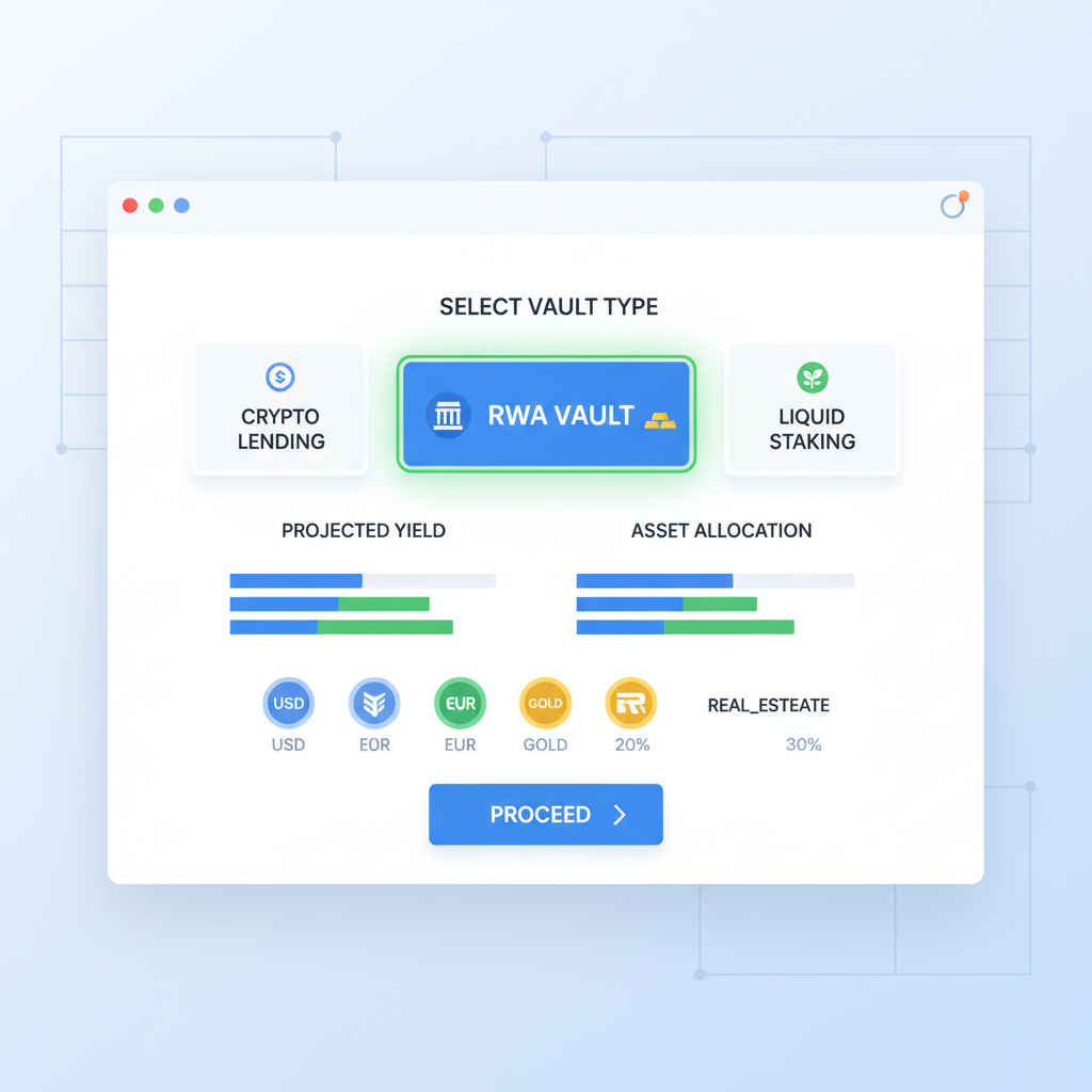 DeFi interface selecting RWA vault option, charts and token icons, professional design