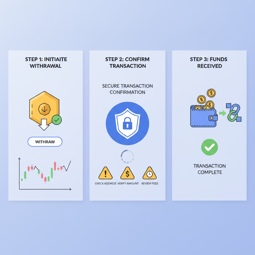 Withdrawing from DeFi vault, secure transaction confirmation, caution icons