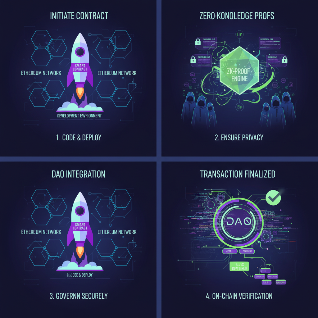 sleek blockchain smart contracts deploying on Ethereum, zero-knowledge proofs glowing, confidential DAO interface, futuristic cyberpunk style