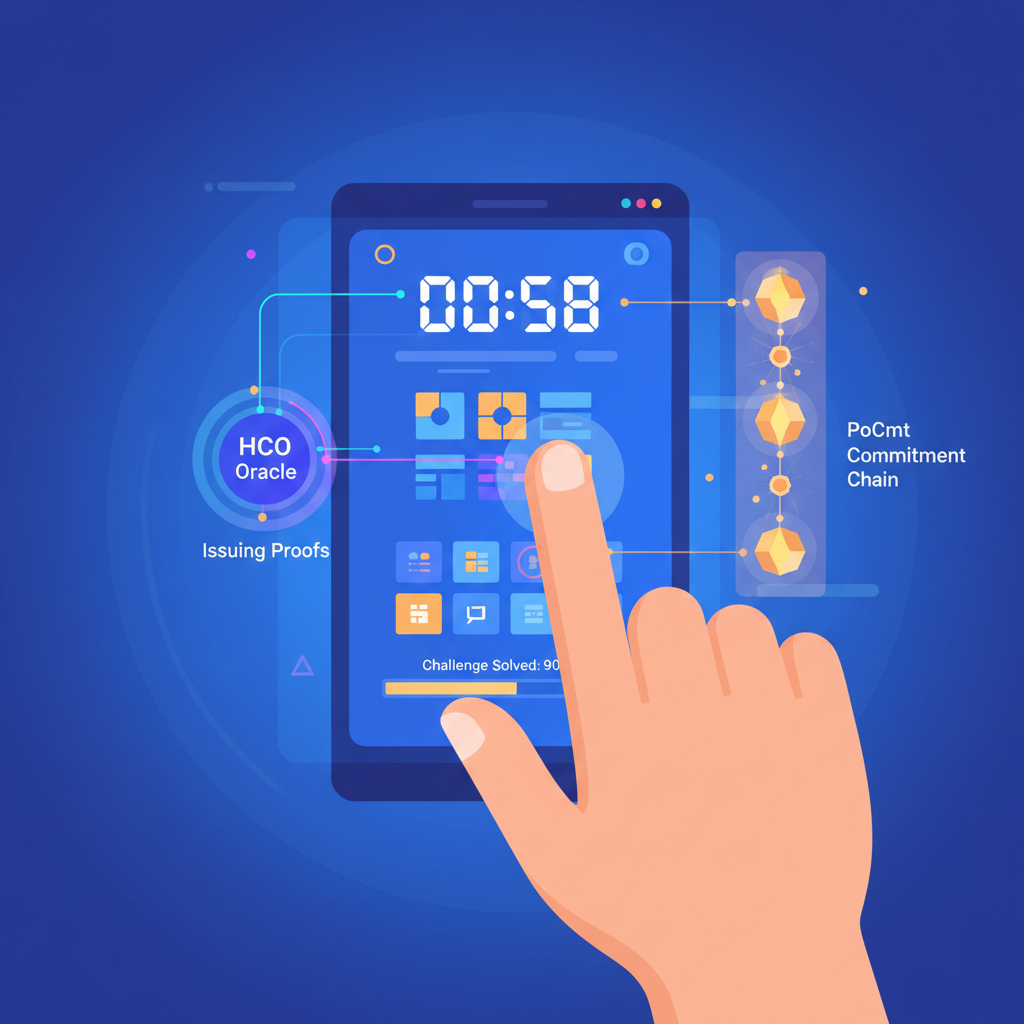 human hand solving time-sensitive crypto challenge on screen, HCO oracle issuing proofs, PoCmt commitment chain glowing, dynamic real-time interface