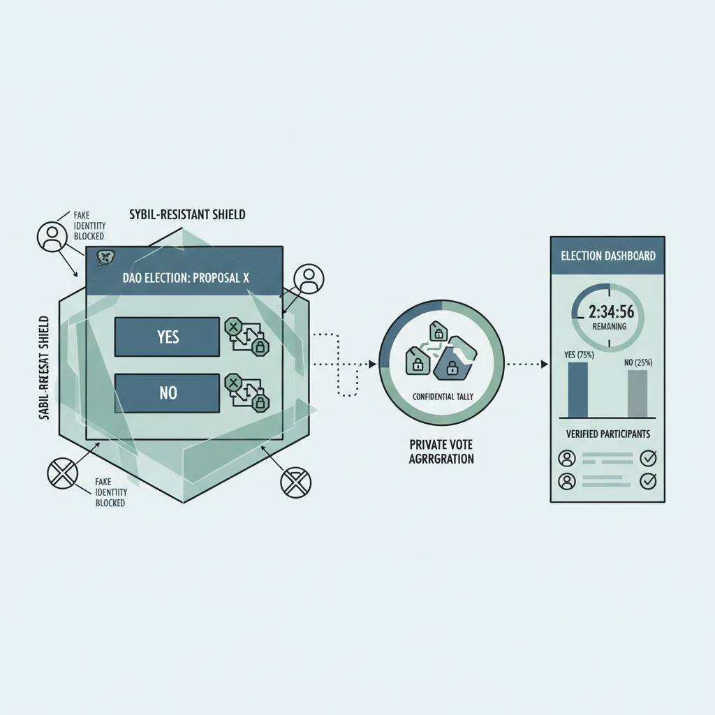 DAO voting ballot with ZKP locks, sybil-resistant shields blocking fake identities, private votes aggregating confidentially, election dashboard