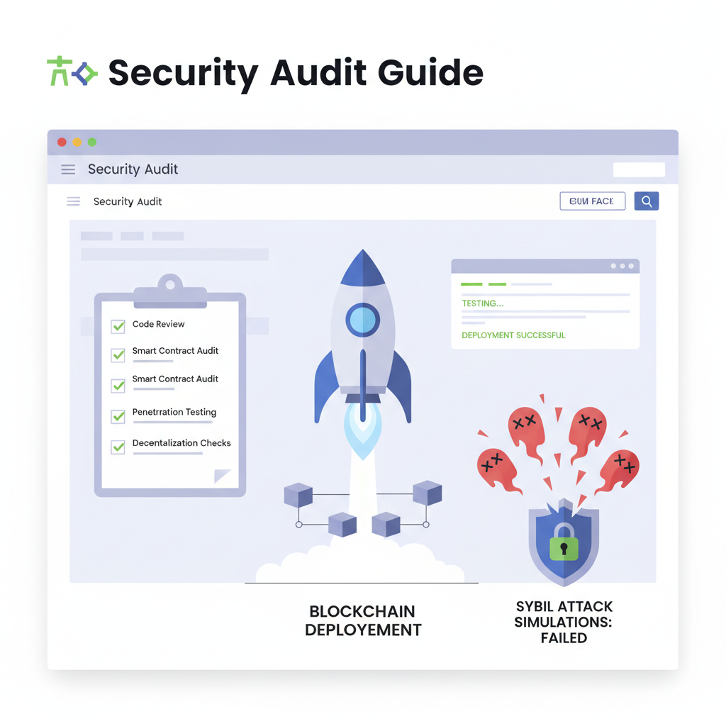 security audit checklist with green checks, blockchain deployment rocket launching, testing Sybil attack simulations failing, professional dev environment