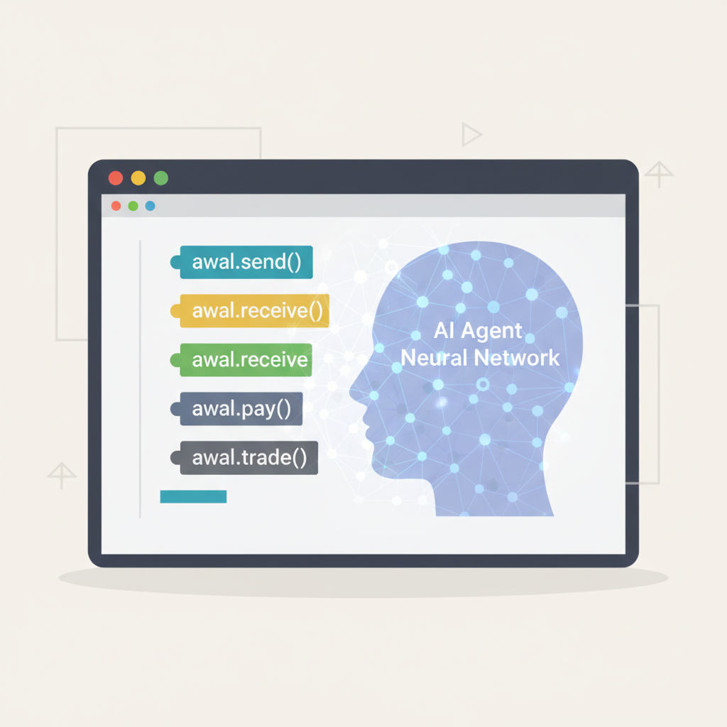 code editor with awal SDK functions for send receive pay trade, AI agent neural network overlay