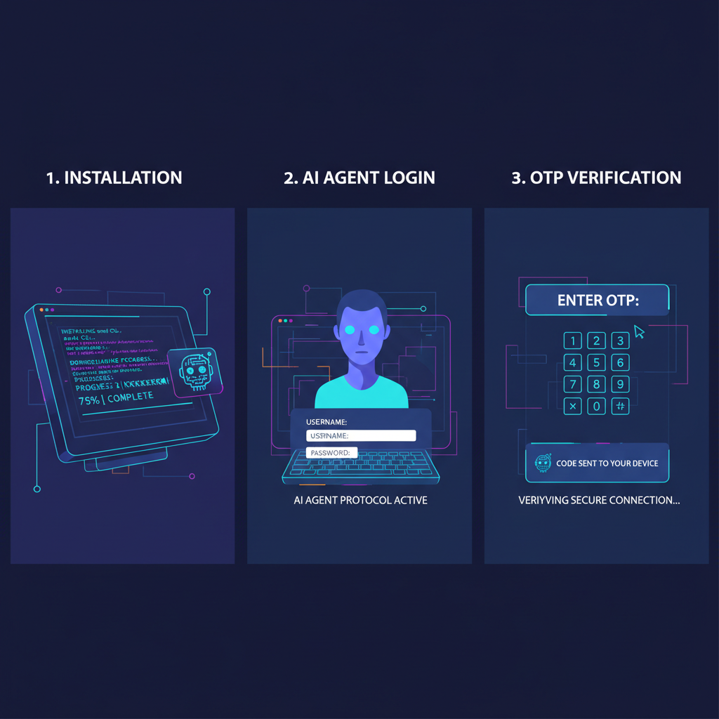 futuristic terminal installing awal CLI, glowing AI agent login with OTP verification, cyberpunk style