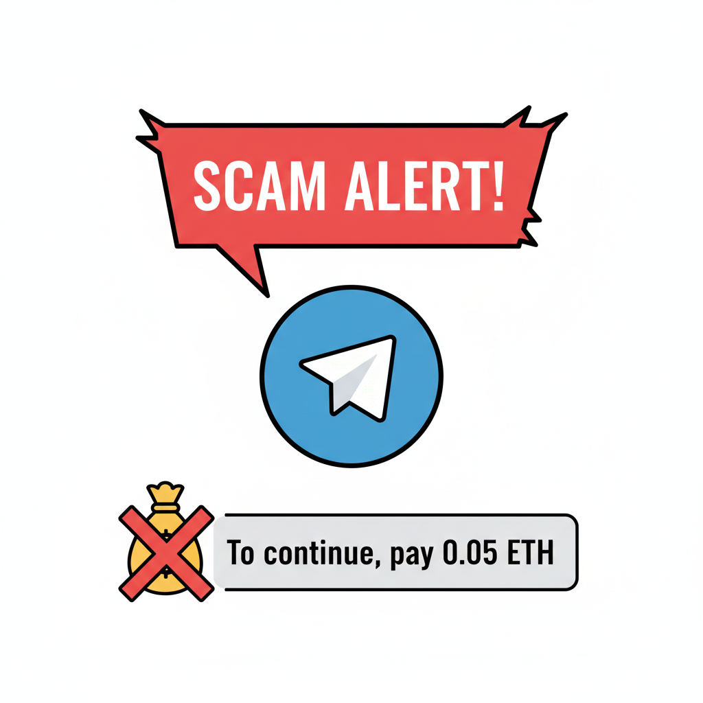 red scam alert sign over Telegram bot demanding fees, crossed out money bag