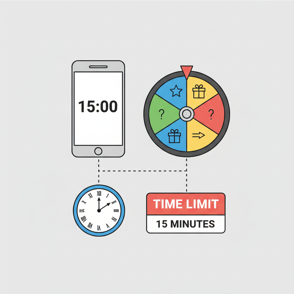 phone timer at 15 minutes next to spinning wheel game, clock and limit sign