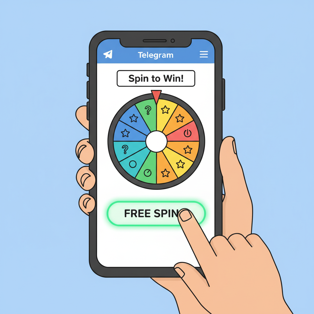 colorful spinning wheel in Telegram app on phone, free spins button highlighted, no money icons