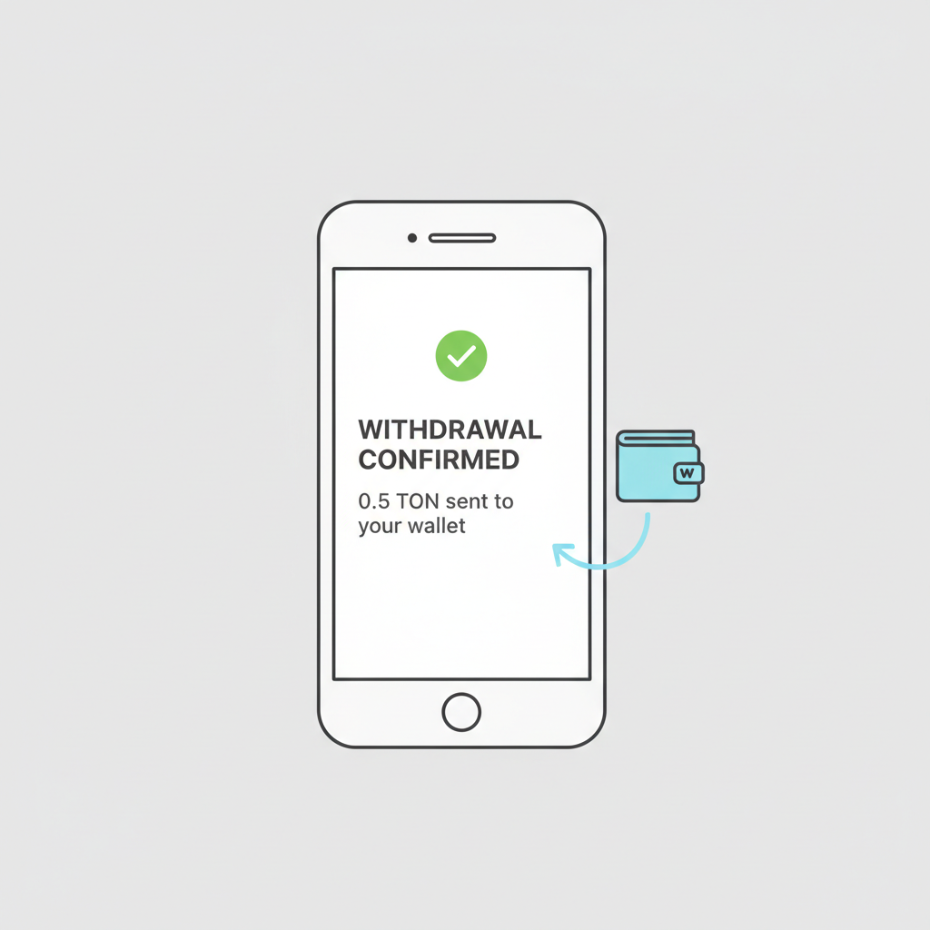 phone showing tiny TON withdrawal confirmation, arrow to wallet, green checkmark