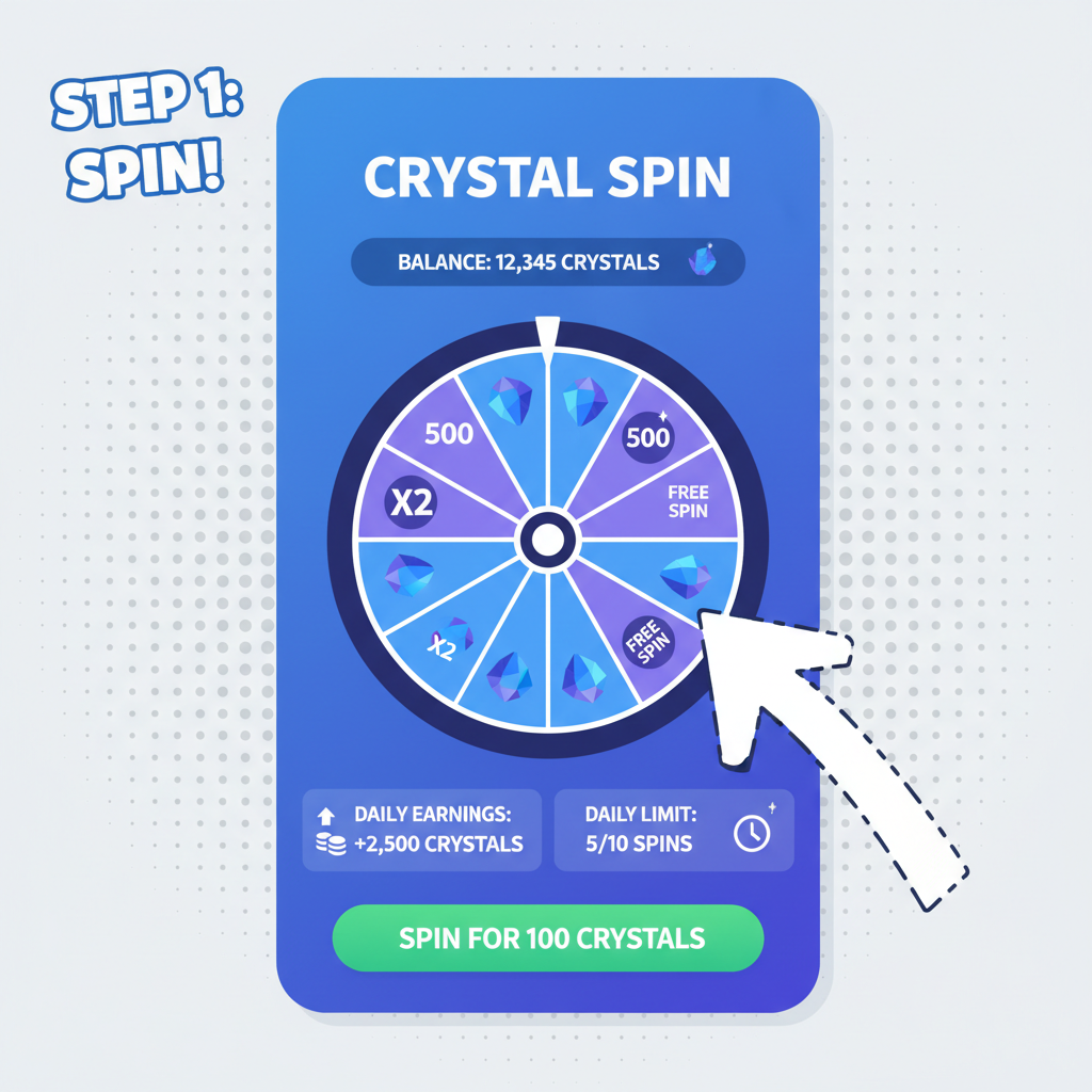 Telegram mini app interface showing wheel spin balance crystals earnings daily limit