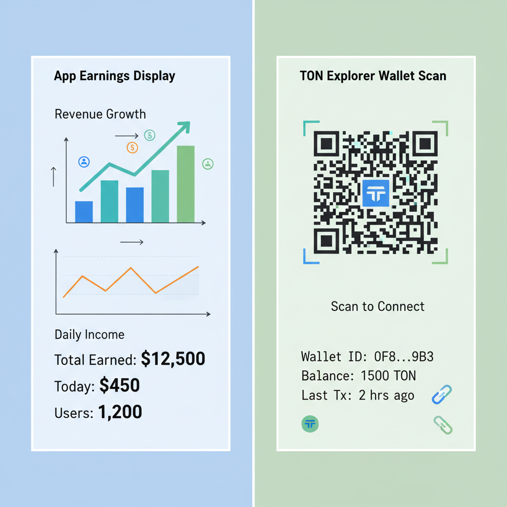 split screen: app earnings display and TON explorer wallet scan, charts and numbers