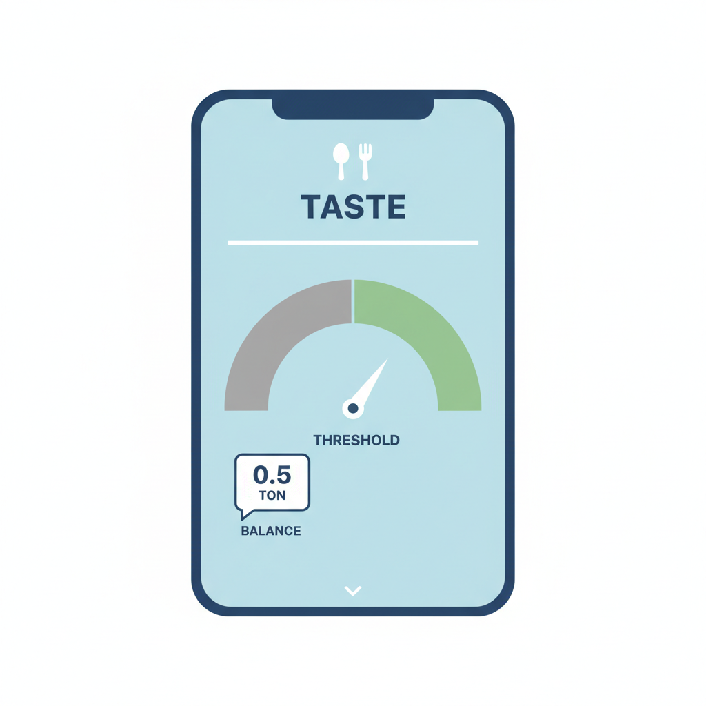 Mobile screen TASTE app TON balance 0.5 threshold meter