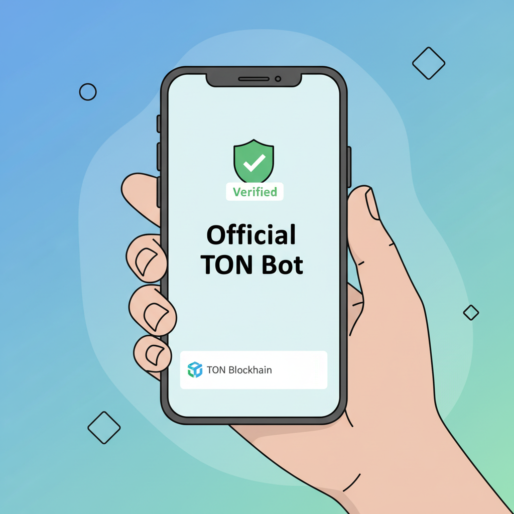 smartphone screen showing Telegram bot verification checkmark, official TON logo, cautious user hand