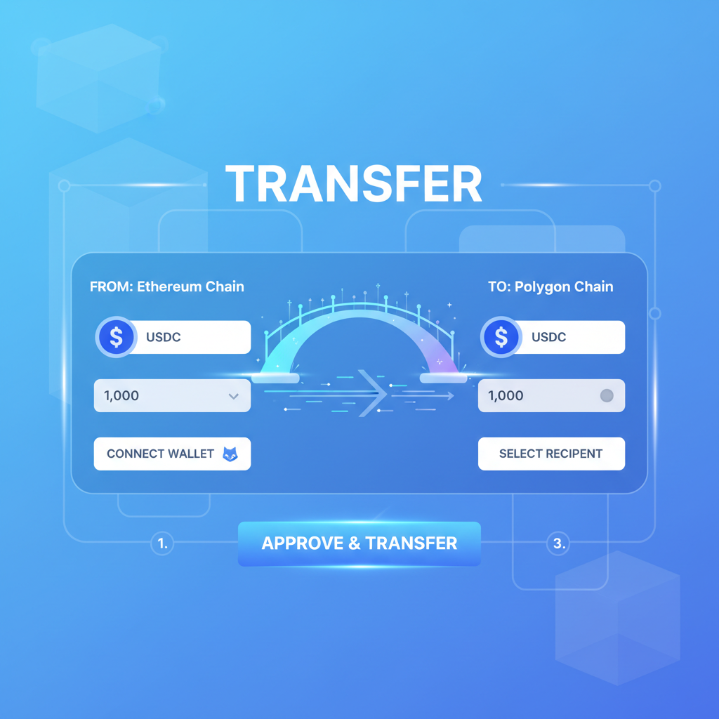 blockchain bridge UI transferring USDC tokens between chains, glowing bridges, crypto flow animation