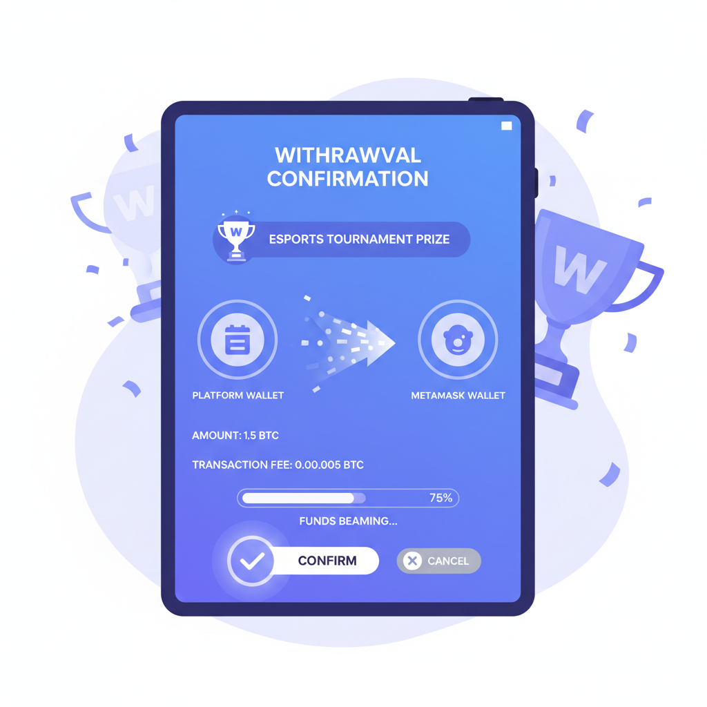 crypto withdrawal confirmation screen, funds beaming to MetaMask wallet, esports win trophy celebration