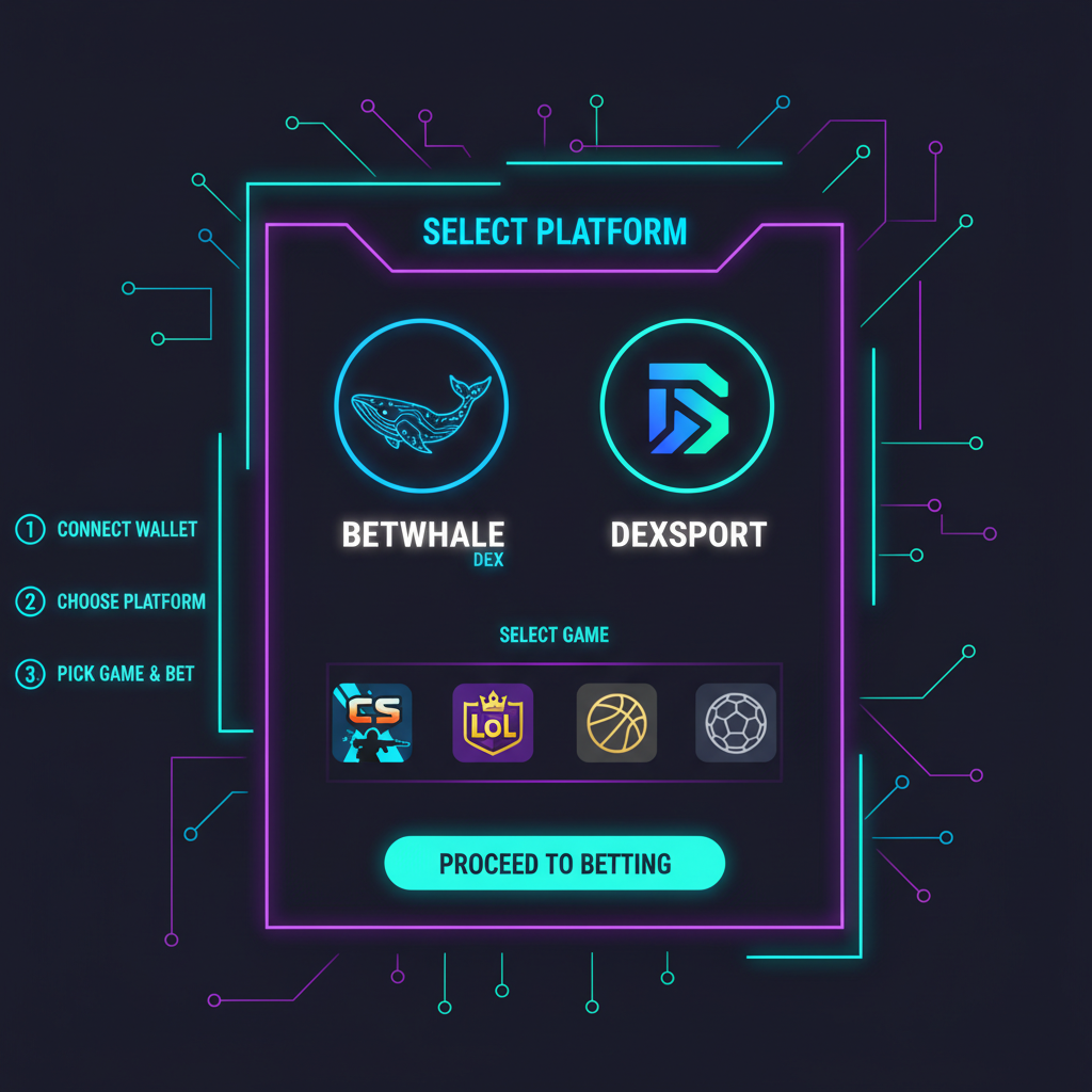 futuristic crypto betting site selector, BetWhale Dexsport logos, CS2 LoL icons, neon UI dashboard
