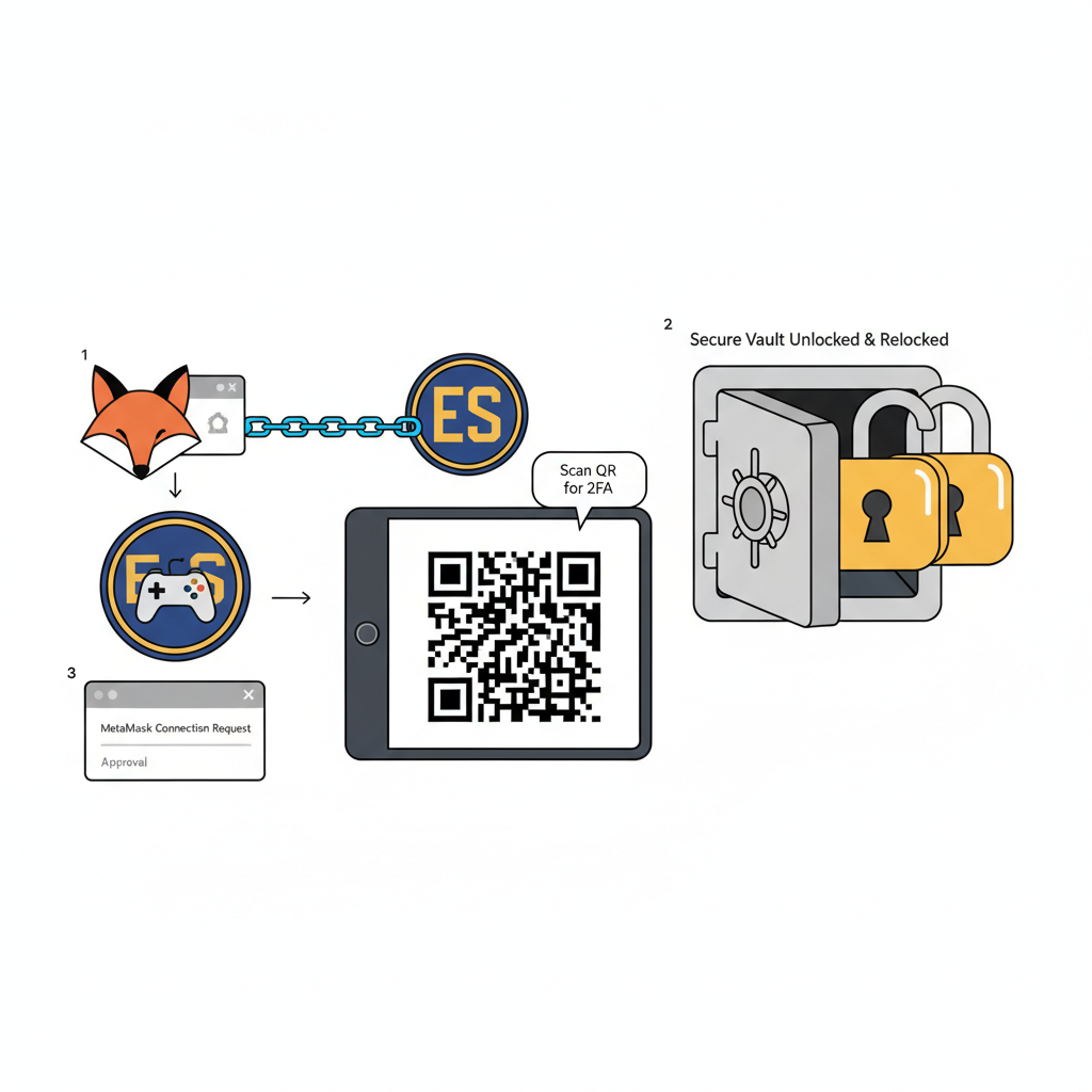 MetaMask extension connecting to esports betting platform, 2FA QR code scan on phone, secure vault locks