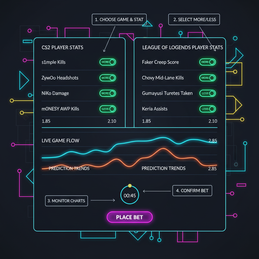 live esports prop betting interface, CS2 LoL player stats, more/less toggles, dynamic charts neon glow
