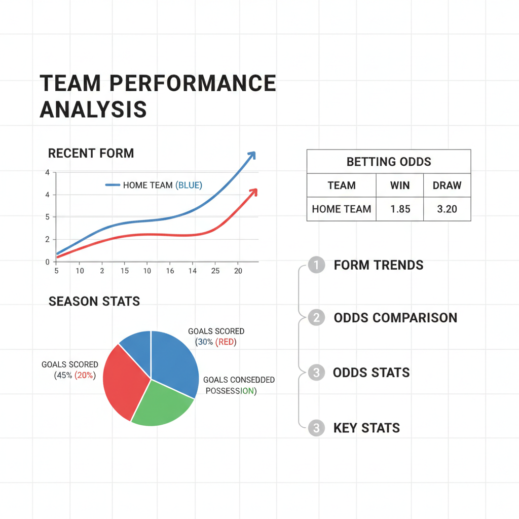 analytical chart of soccer team stats, form graphs, betting odds table, professional finance style