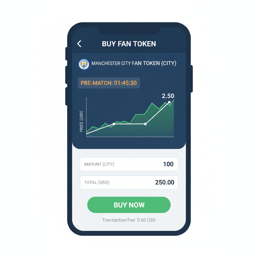 trading app interface buying fan token, pre-match timer, green buy button, modern UI