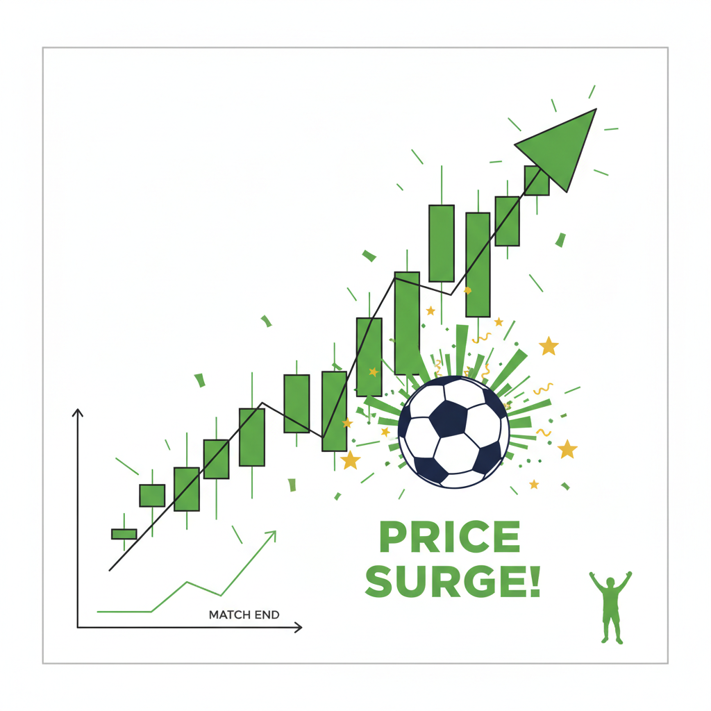 price chart surging post-match, green candles exploding upward, soccer ball celebration overlay