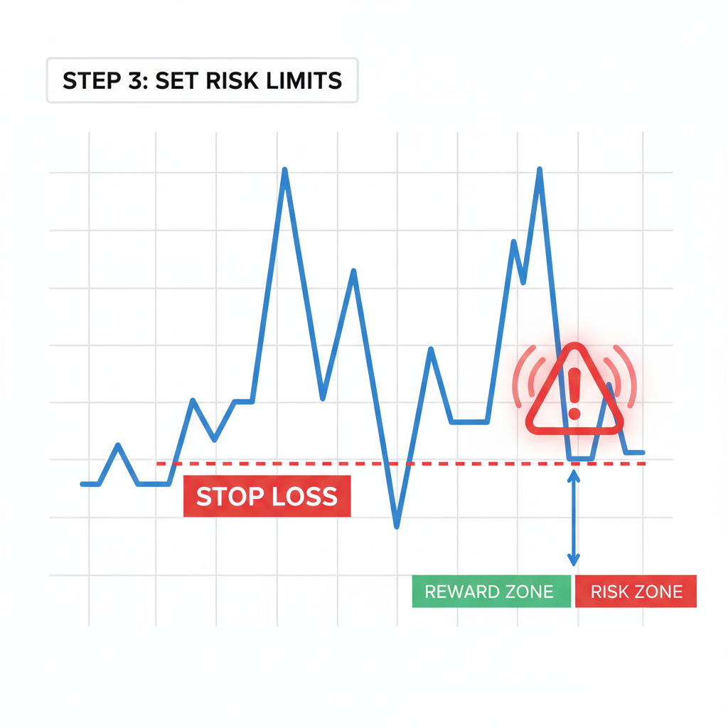 trading chart with stop-loss line at recent low, red alert icon, risk management visualization