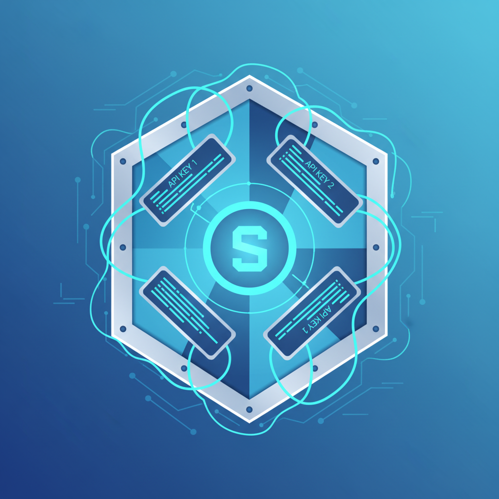 futuristic blockchain encryption shield with Shutter API keys glowing blue