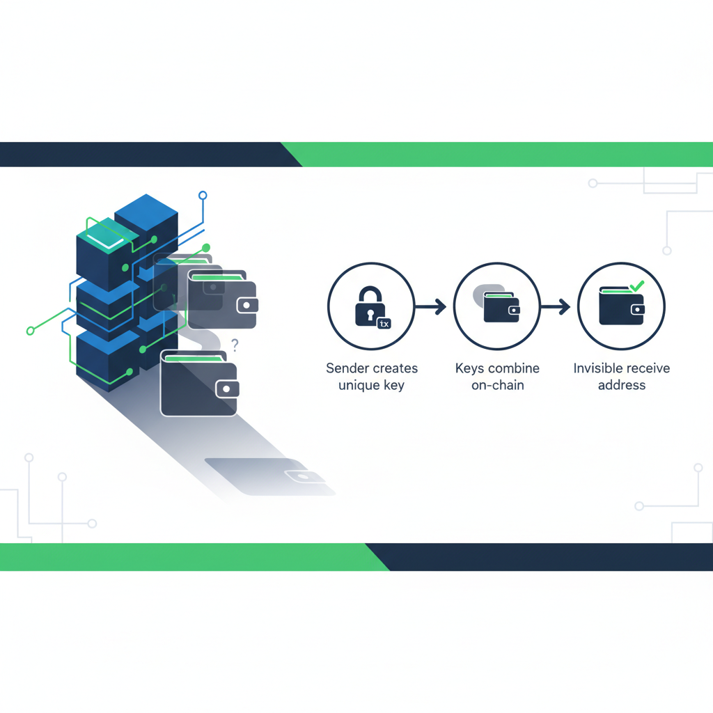 stealth address generation on blockchain, invisible wallet icons merging shadows