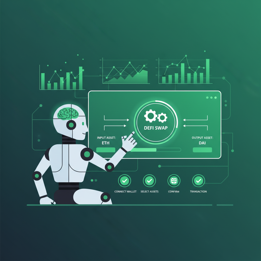 AI robot automating DeFi swaps on dashboard, gears and charts in green