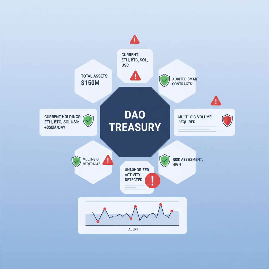 security dashboard monitoring DAO treasury with alert icons and shields