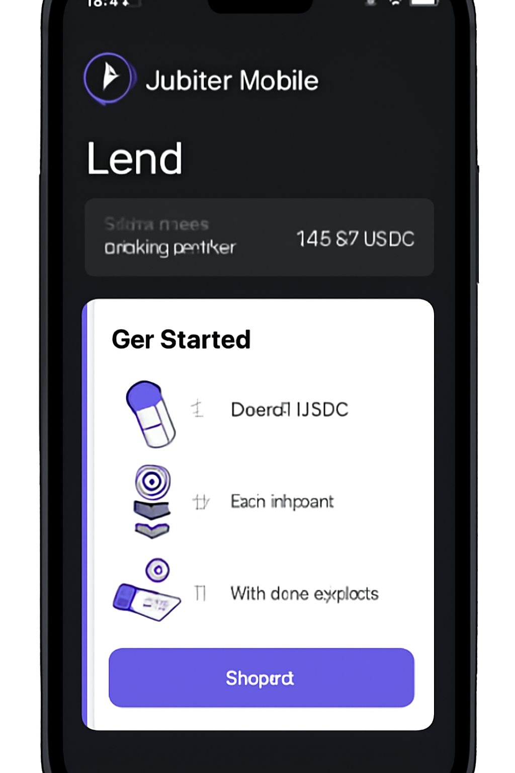Solana Saga phone screen showing Jupiter Mobile app open to Lend dashboard, sleek futuristic UI, Solana purple accents