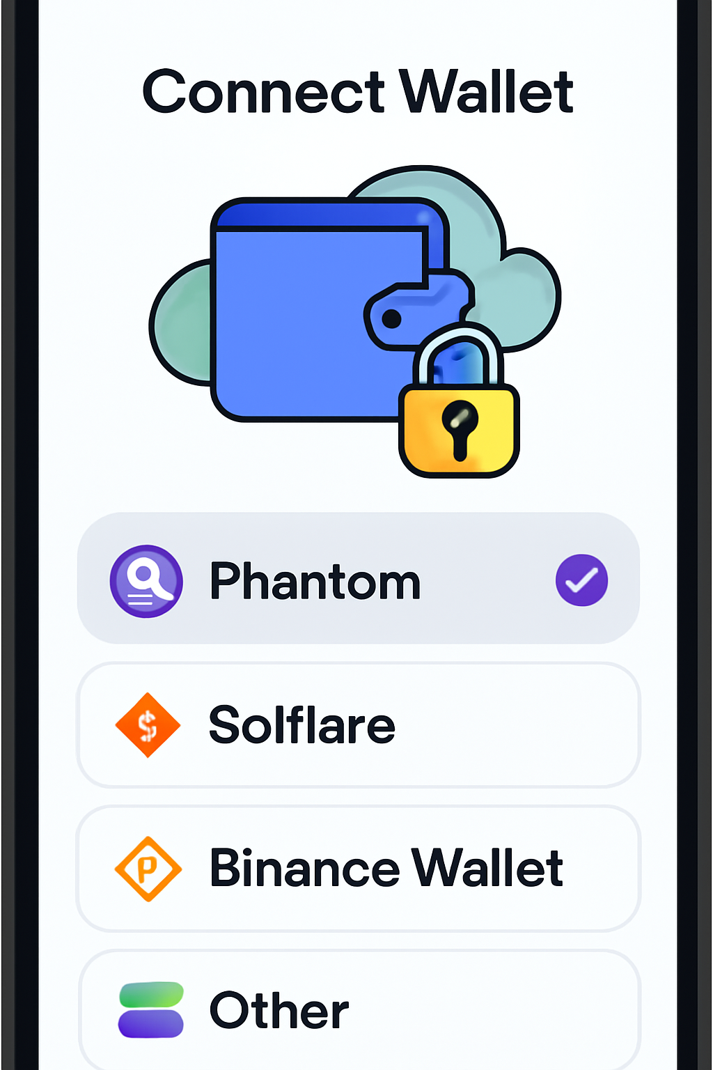 Mobile app screen on Saga phone showing wallet connection options, Phantom wallet selected, secure lock icon, Solana branding