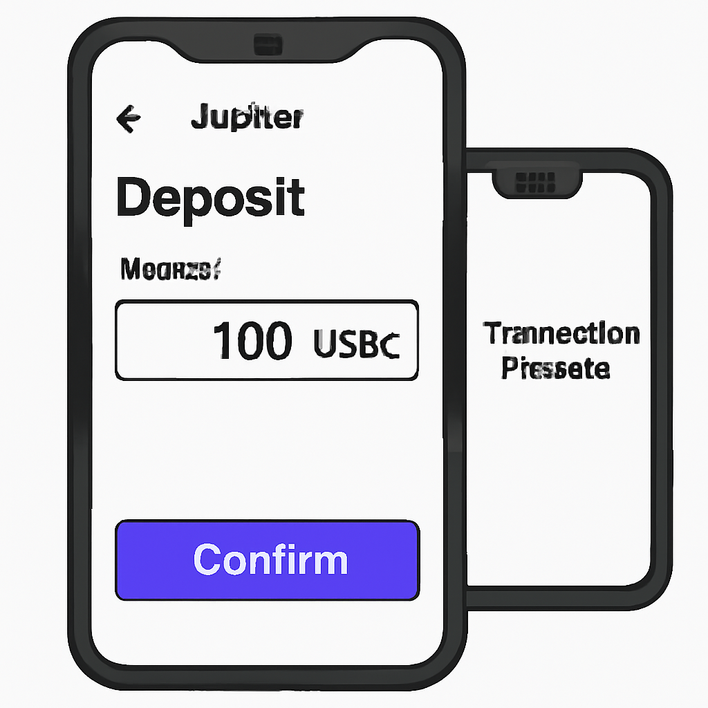 Deposit form on Jupiter app, USDC amount input, confirm button, transaction preview on Saga phone