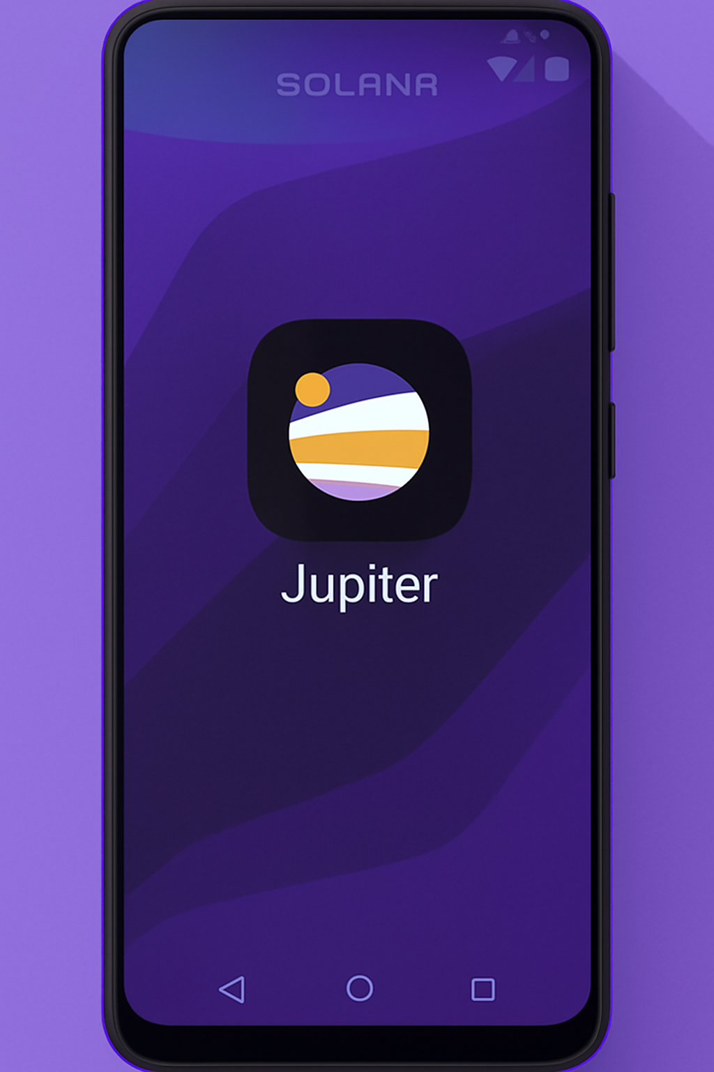 Solana Saga phone screen displaying Jupiter mobile app icon, sleek futuristic UI, vibrant purple Solana theme