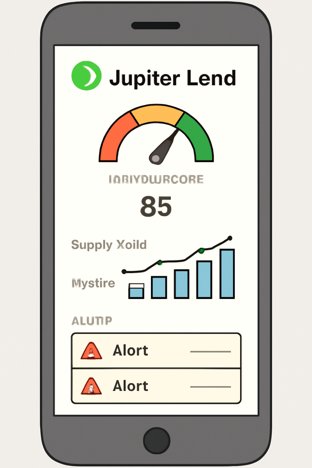 Jupiter Lend dashboard on phone showing health score gauge, yield graphs, alert notifications