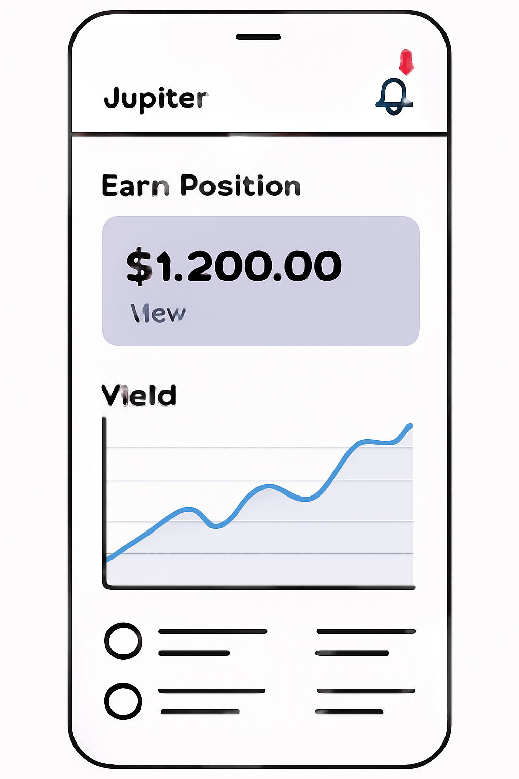 Jupiter dashboard on mobile showing earn position, yield graph, notifications bell, balanced informative UI