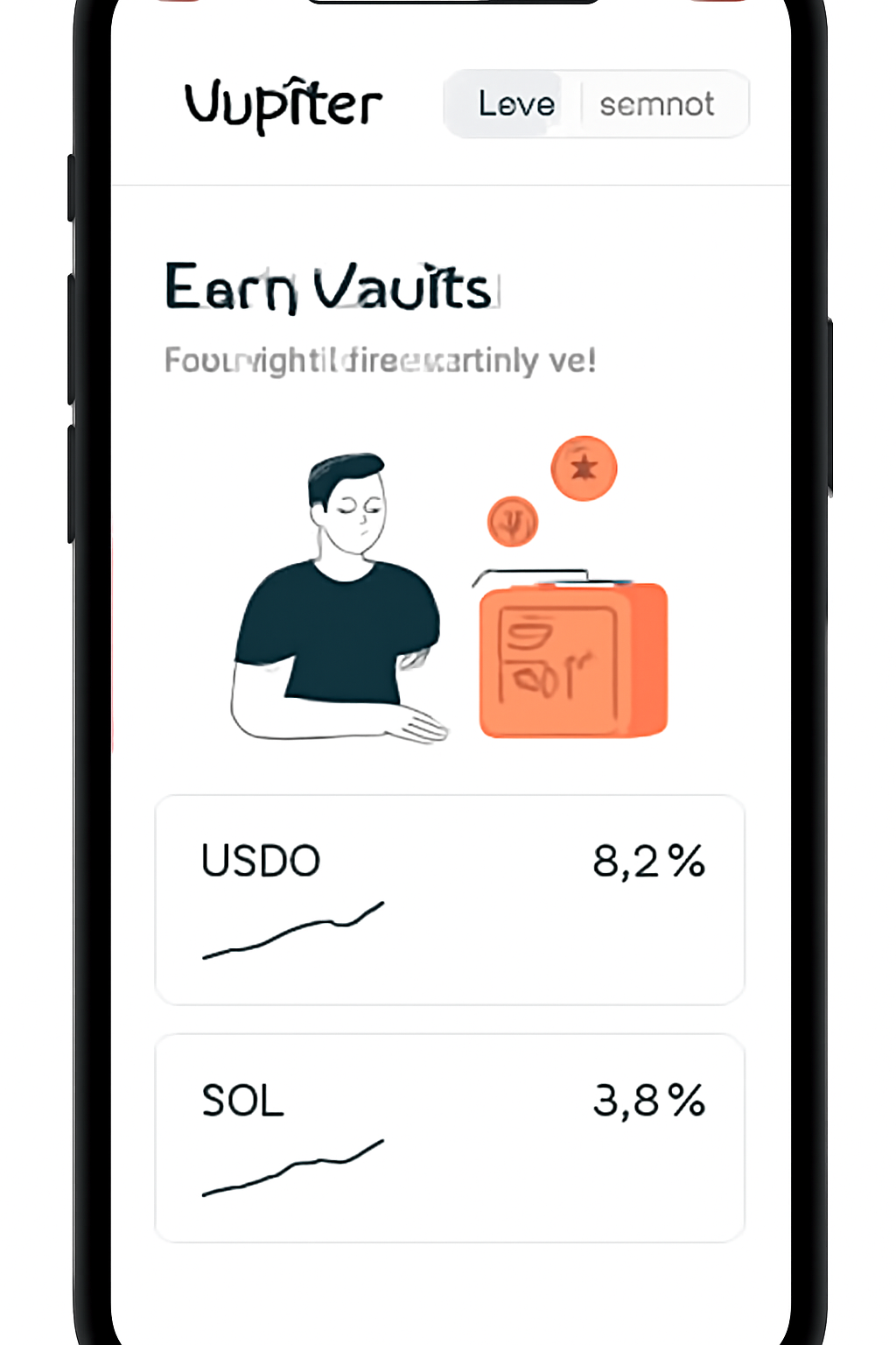 Jupiter mobile app interface on phone, Lend tab open with Earn Vaults highlighted, clean dashboard, yield charts