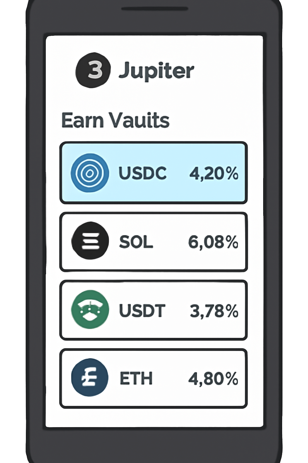List of Jupiter Lend Earn Vaults on mobile screen, vault cards with APY stats, selected vault highlighted