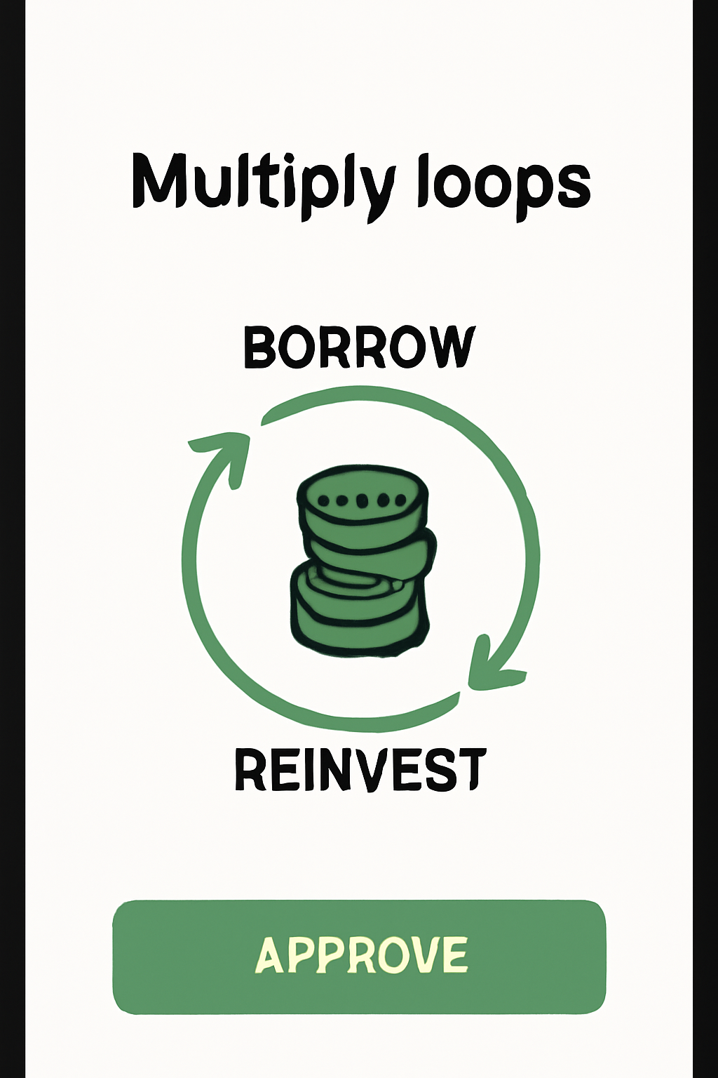 Confirmation screen for Multiply loops on mobile, borrow-reinvest cycle diagram, green approve button