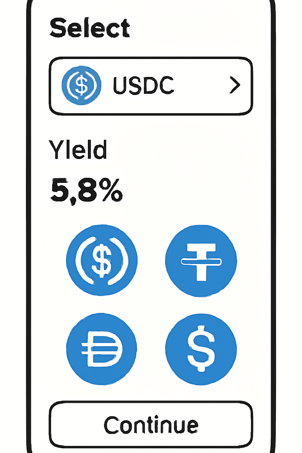 App screen selecting USDC stablecoin, yield percentage displayed, stablecoin icons, mobile-optimized layout