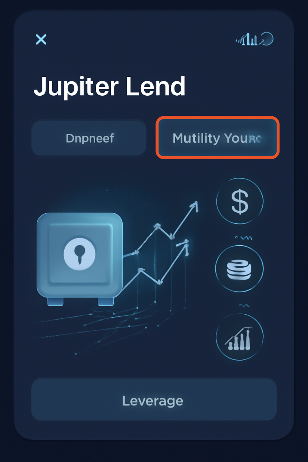Jupiter Lend app interface highlighting Multiply Vaults button, leverage icons, high-tech DeFi graphics