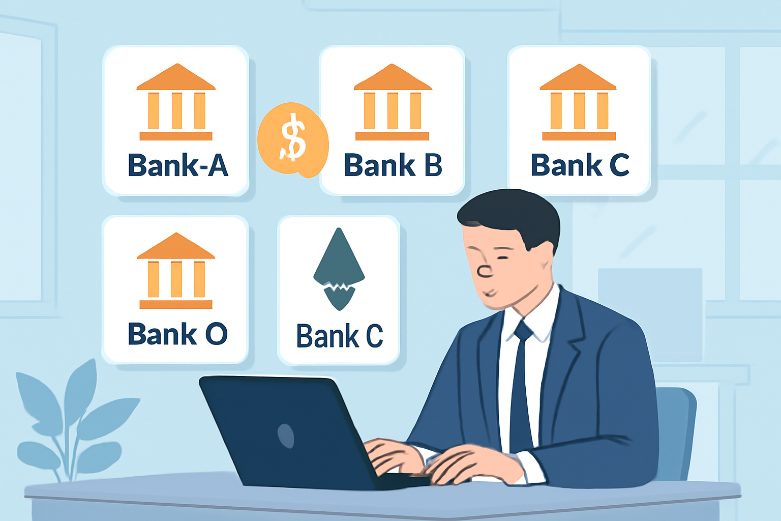 A businessperson comparing different crypto-friendly banks on a laptop, with digital bank logos and crypto symbols in the background, modern office setting.